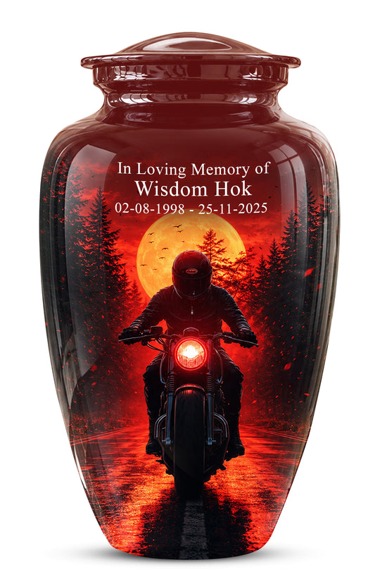 Red Moon Motorcycle Memorial Cremation Urn for Human Ashes – Personalized Biker Tribute Urn