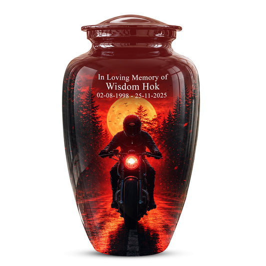 Red Moon Motorcycle Memorial Cremation Urn for Human Ashes – Personalized Biker Tribute Urn