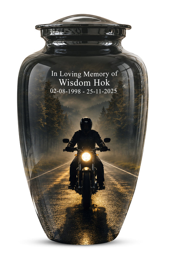Motorcycle Cremation Urn - Rider on Forest Road Memorial Tribute