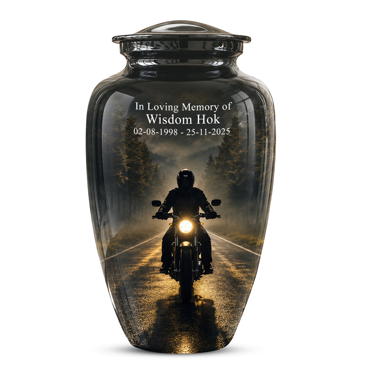 Motorcycle Cremation Urn - Rider on Forest Road Memorial Tribute