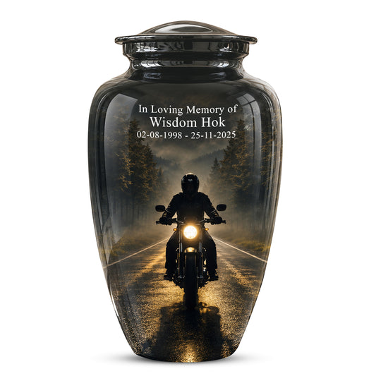Motorcycle Cremation Urn - Rider on Forest Road Memorial Tribute