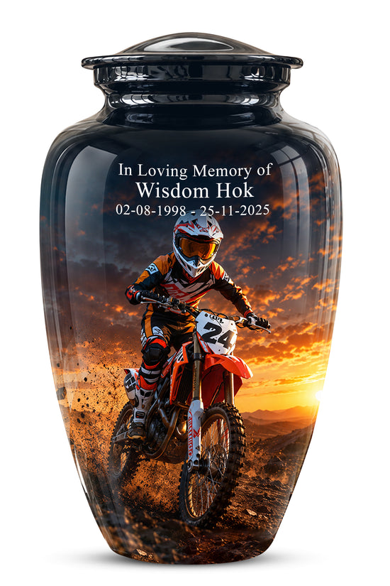 Motocross Sunset Cremation Urn for Human Ashes – Personalized Dirt Bike Memorial Urn