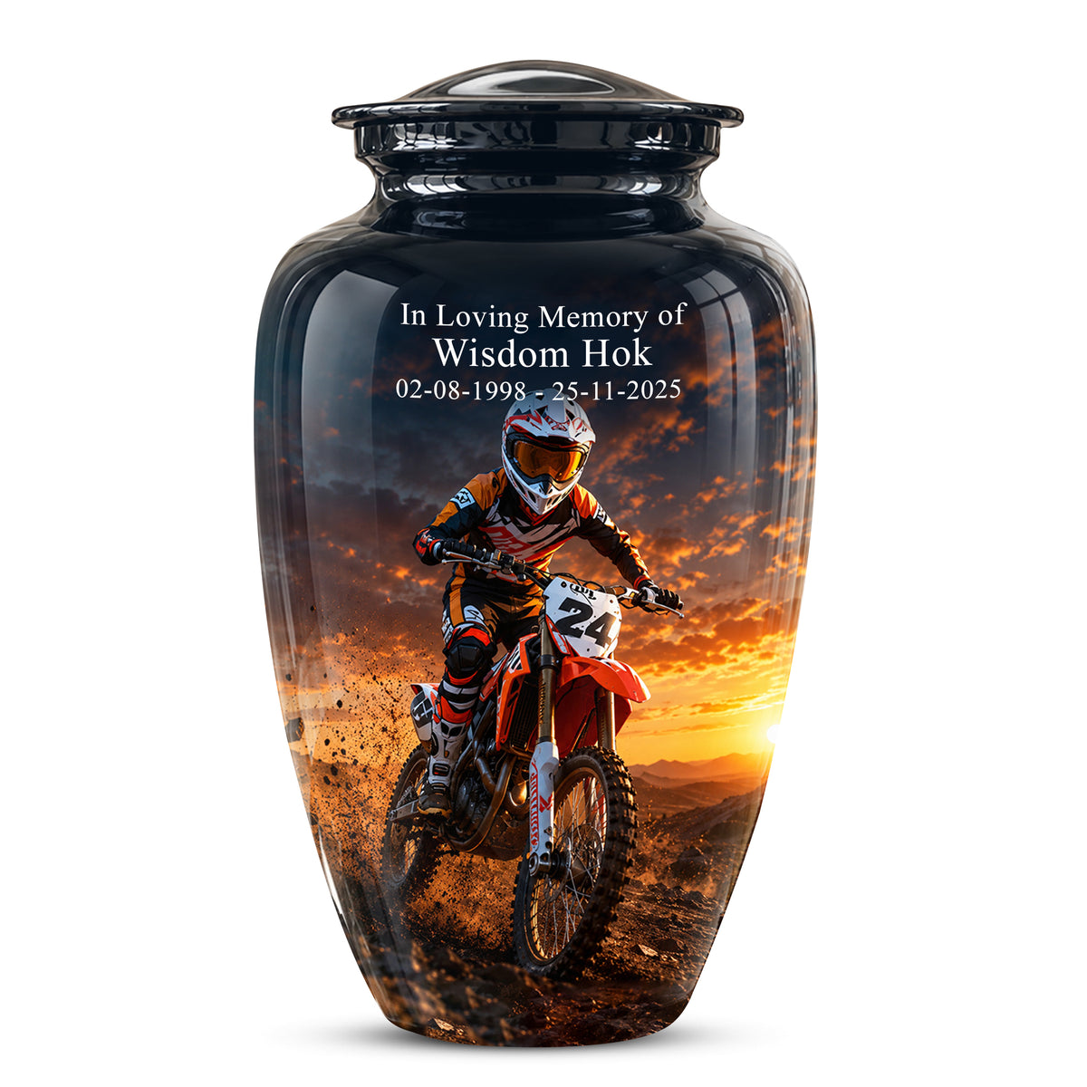 Motocross Sunset Cremation Urn for Human Ashes – Personalized Dirt Bike Memorial Urn