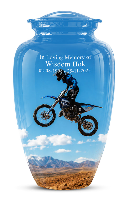 Blue Dirt Bike Memorial Cremation Urn for Human Ashes – Personalized Motocross Tribute Urn