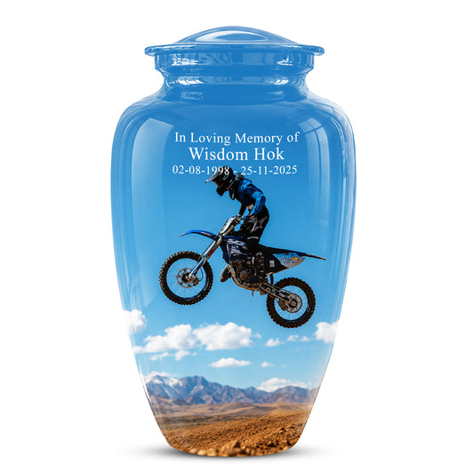 Blue Dirt Bike Memorial Cremation Urn for Human Ashes – Personalized Motocross Tribute Urn