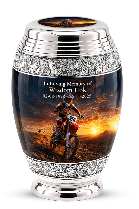 Motocross Sunset Cremation Urn for Human Ashes – Personalized Dirt Bike Memorial Urn