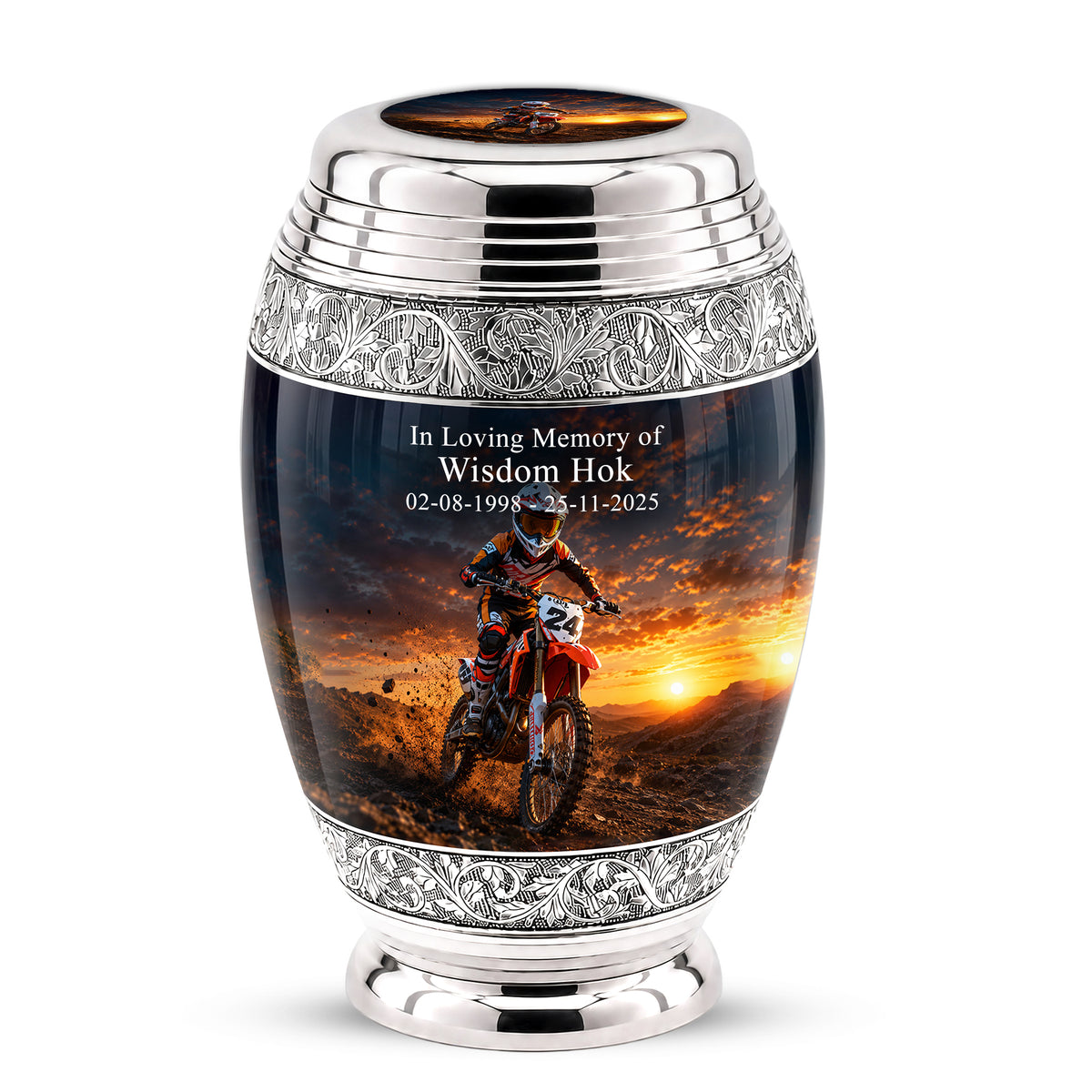 Motocross Sunset Cremation Urn for Human Ashes – Personalized Dirt Bike Memorial Urn