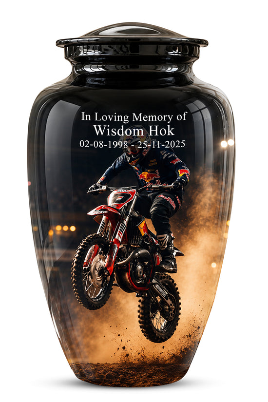 Motocross Rider Memorial Cremation Urn for Human Ashes – Personalized Dirt Bike Tribute Urn