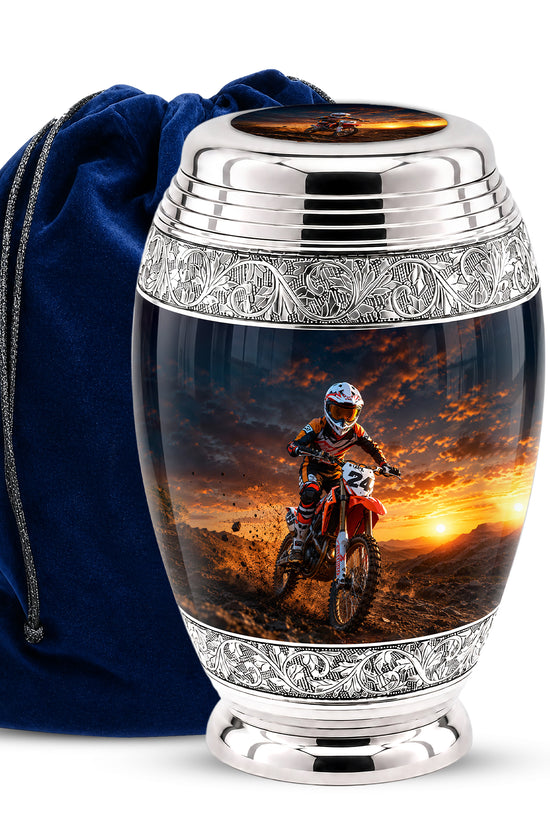 Motocross Sunset Cremation Urn for Human Ashes – Personalized Dirt Bike Memorial Urn