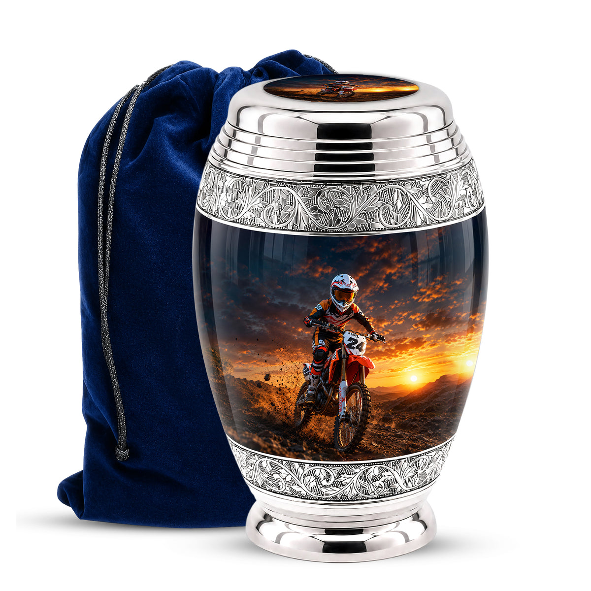 Motocross Sunset Cremation Urn for Human Ashes – Personalized Dirt Bike Memorial Urn