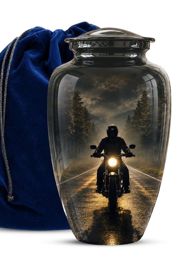 Motorcycle Cremation Urn - Rider on Forest Road Memorial Tribute