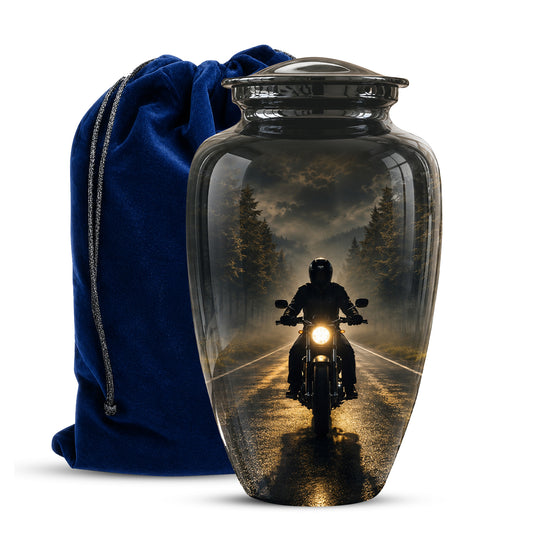 Motorcycle Cremation Urn - Rider on Forest Road Memorial Tribute