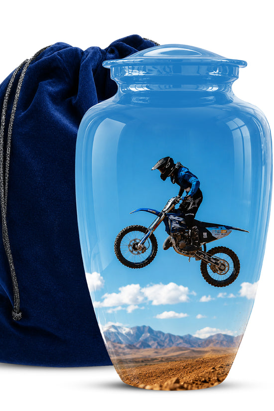 Blue Dirt Bike Memorial Cremation Urn for Human Ashes – Personalized Motocross Tribute Urn