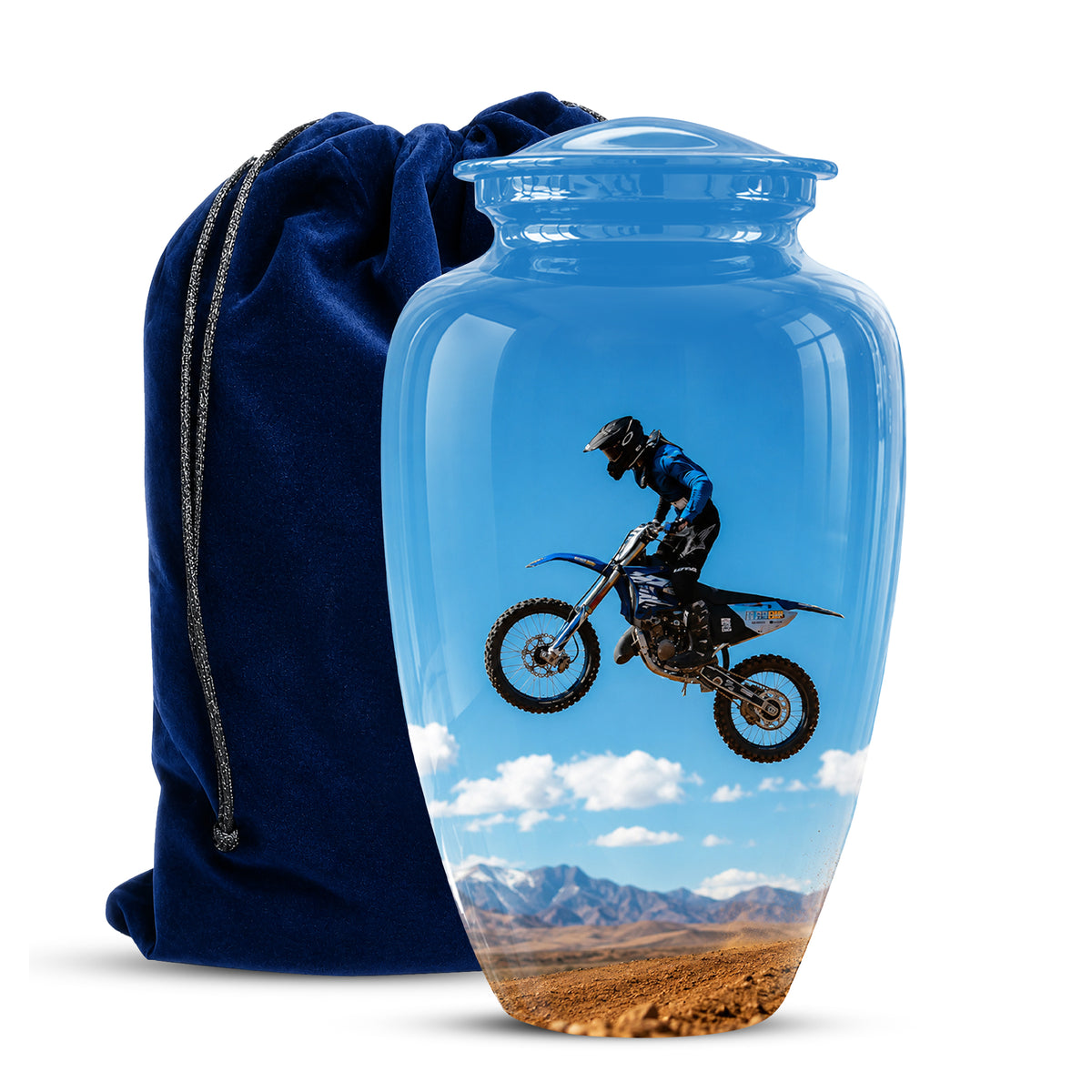 Blue Dirt Bike Memorial Cremation Urn for Human Ashes – Personalized Motocross Tribute Urn