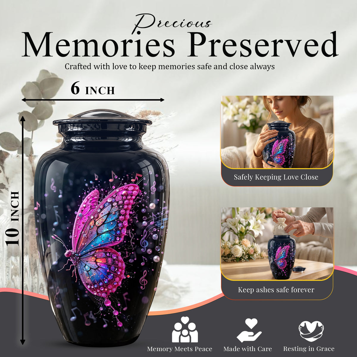 Butterfly Cremation Urn for Ashes - Pink and Blue Music Butterfly Memorial Urn