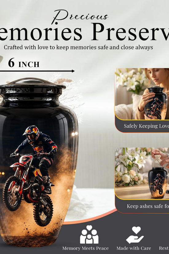 Motocross Rider Memorial Cremation Urn for Human Ashes – Personalized Dirt Bike Tribute Urn