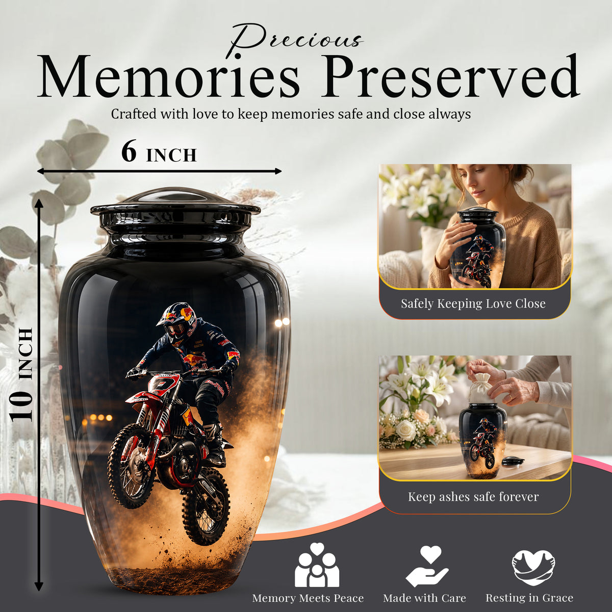Motocross Rider Memorial Cremation Urn for Human Ashes – Personalized Dirt Bike Tribute Urn