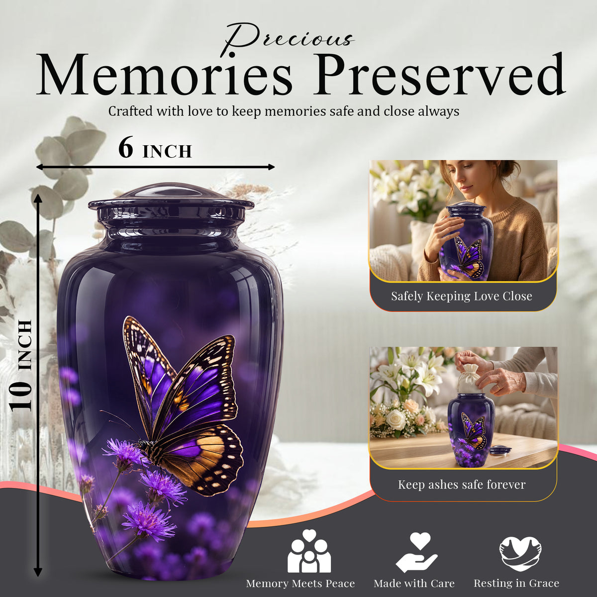 Purple Butterfly Cremation Urn  - Memorial Keepsake for Ashes