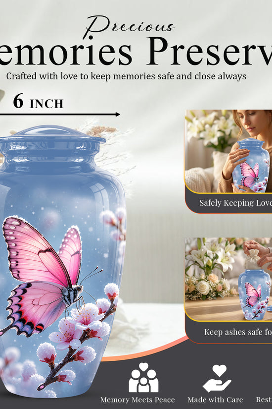 Pink Butterfly Cremation Urn - Cherry Blossom Memorial Keepsake