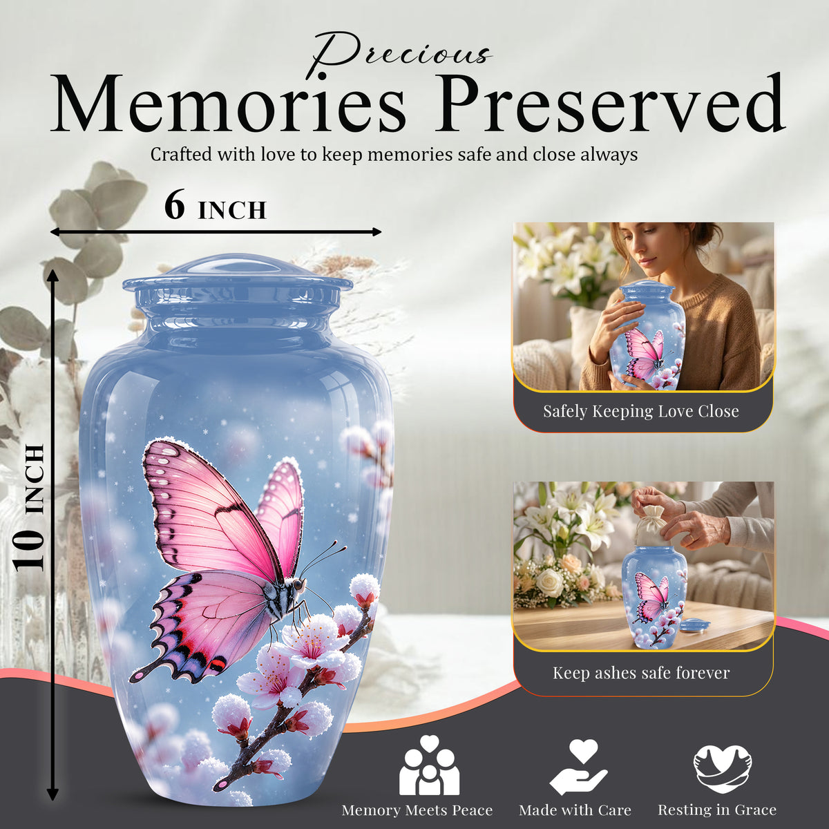 Pink Butterfly Cremation Urn - Cherry Blossom Memorial Keepsake