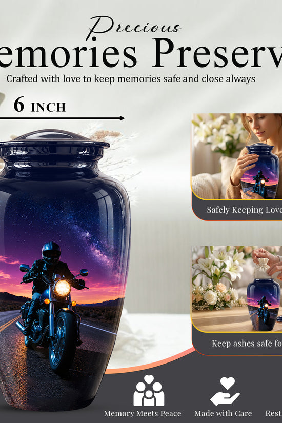Motorcycle Cremation Urn - Rider Memorial Tribute, Metal Keepsake Urn