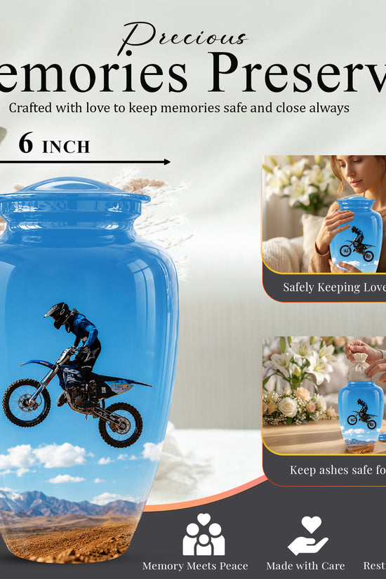 Blue Dirt Bike Memorial Cremation Urn for Human Ashes – Personalized Motocross Tribute Urn