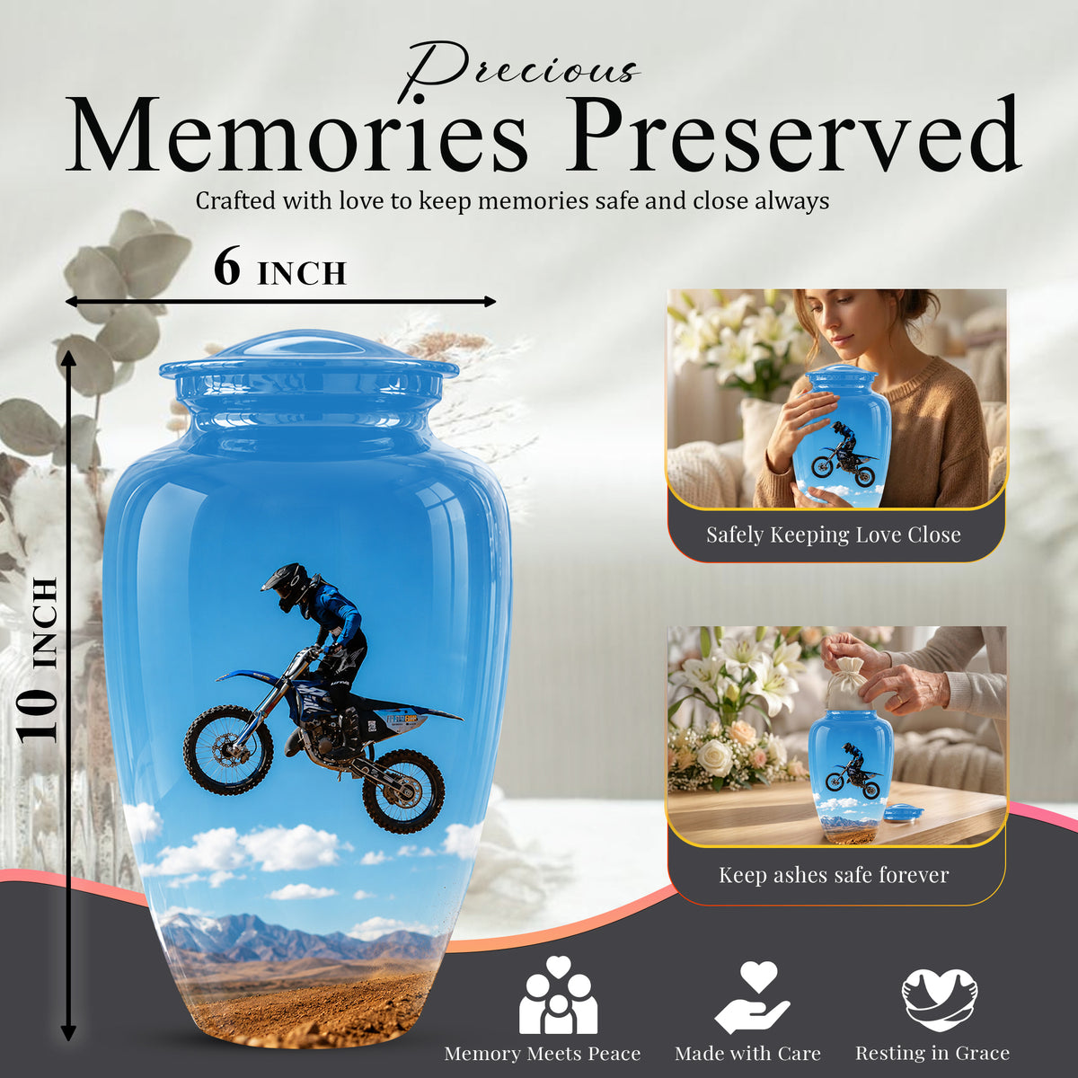 Blue Dirt Bike Memorial Cremation Urn for Human Ashes – Personalized Motocross Tribute Urn
