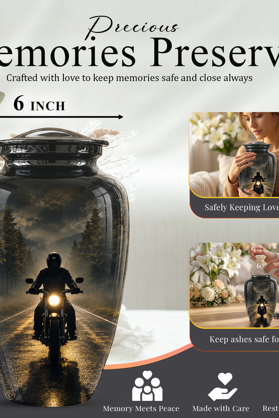 Motorcycle Cremation Urn - Rider on Forest Road Memorial Tribute
