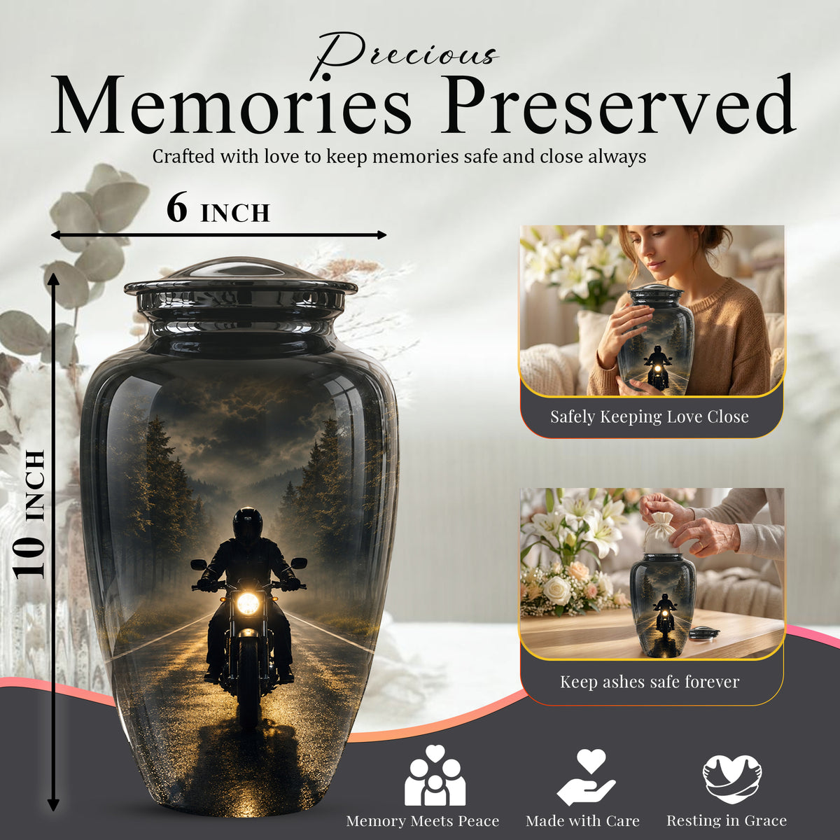Motorcycle Cremation Urn - Rider on Forest Road Memorial Tribute