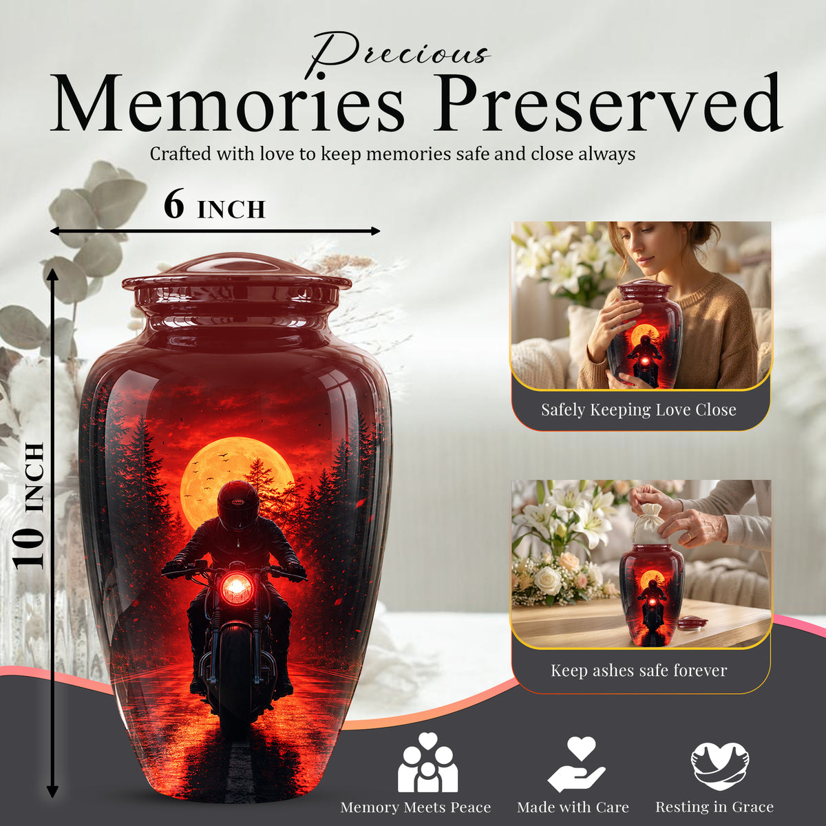 Red Moon Motorcycle Memorial Cremation Urn for Human Ashes – Personalized Biker Tribute Urn