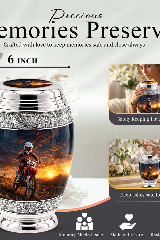 Motocross Sunset Cremation Urn for Human Ashes – Personalized Dirt Bike Memorial Urn