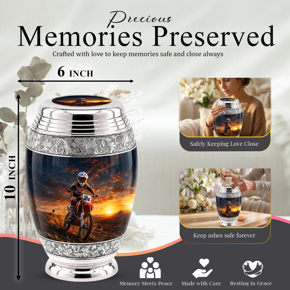 Motocross Sunset Cremation Urn for Human Ashes – Personalized Dirt Bike Memorial Urn