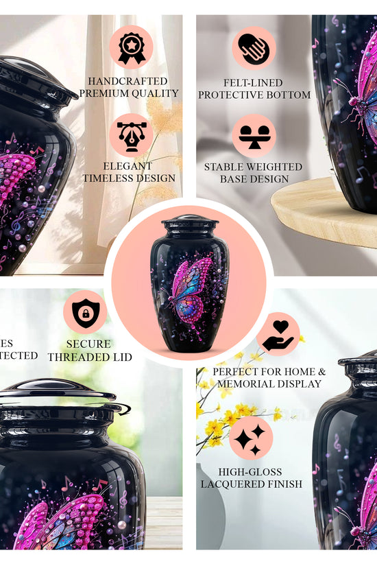 Butterfly Cremation Urn for Ashes - Pink and Blue Music Butterfly Memorial Urn
