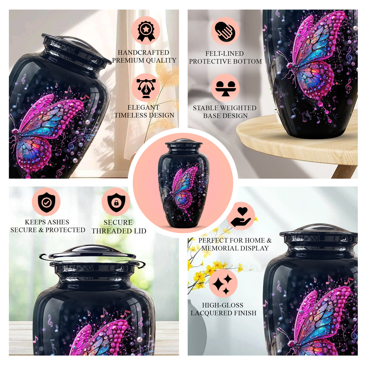 Butterfly Cremation Urn for Ashes - Pink and Blue Music Butterfly Memorial Urn