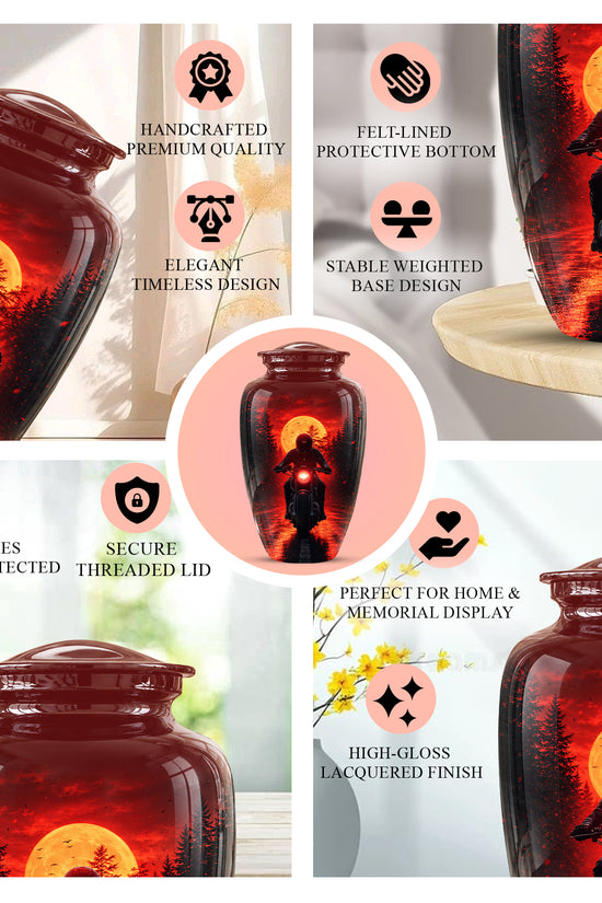 Red Moon Motorcycle Memorial Cremation Urn for Human Ashes – Personalized Biker Tribute Urn