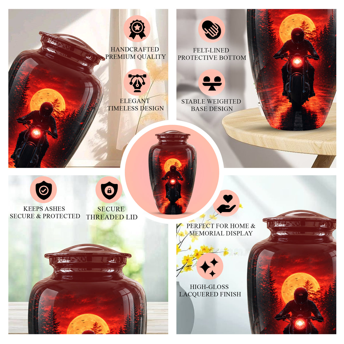 Red Moon Motorcycle Memorial Cremation Urn for Human Ashes – Personalized Biker Tribute Urn