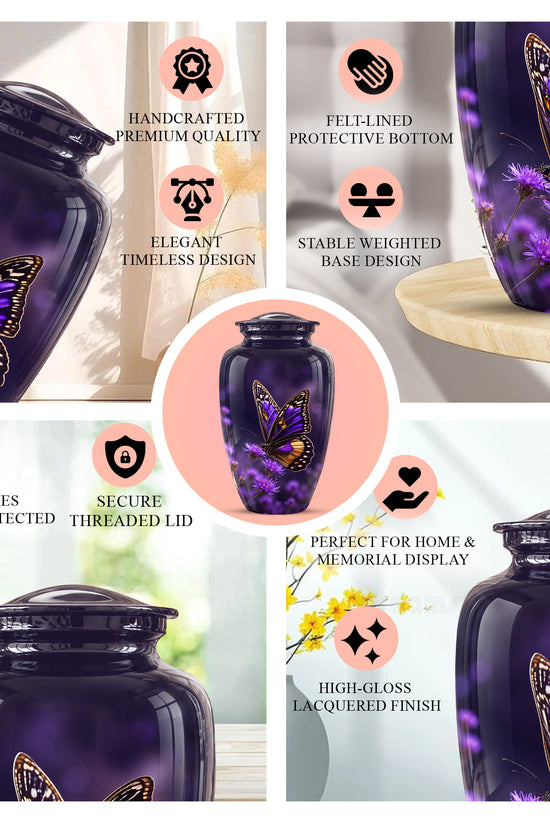 Purple Butterfly Cremation Urn  - Memorial Keepsake for Ashes
