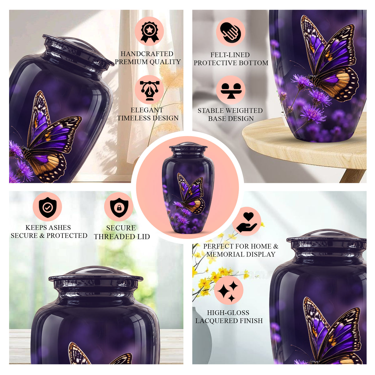 Purple Butterfly Cremation Urn  - Memorial Keepsake for Ashes