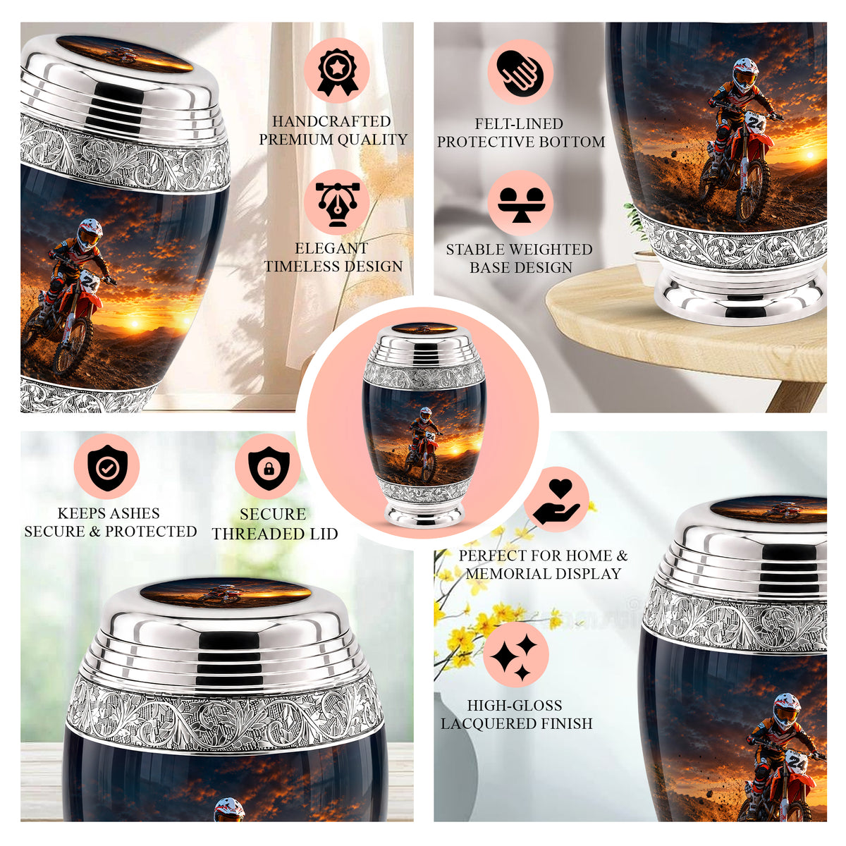 Motocross Sunset Cremation Urn for Human Ashes – Personalized Dirt Bike Memorial Urn