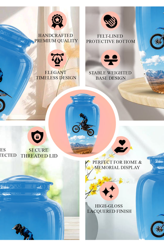 Blue Dirt Bike Memorial Cremation Urn for Human Ashes – Personalized Motocross Tribute Urn