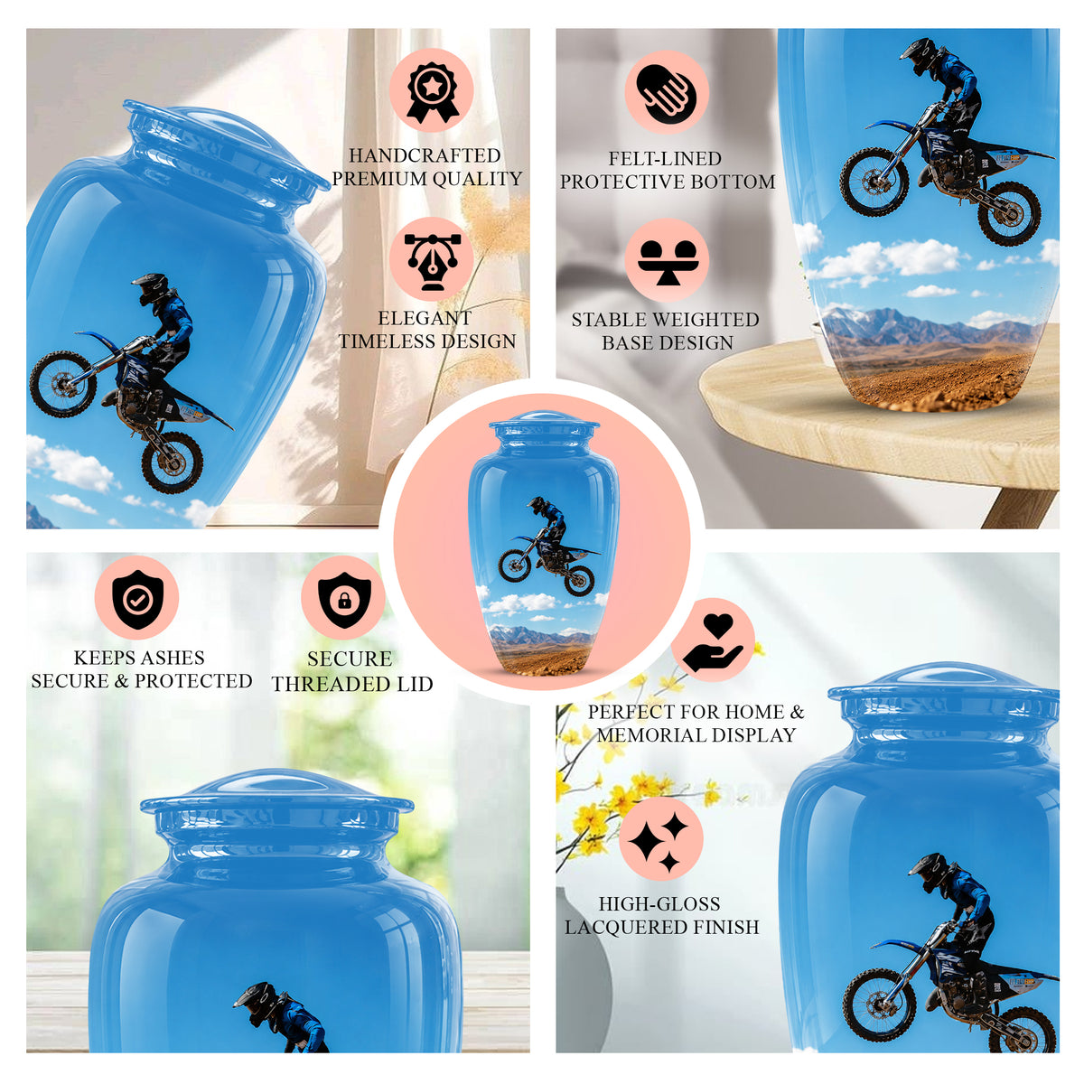 Blue Dirt Bike Memorial Cremation Urn for Human Ashes – Personalized Motocross Tribute Urn