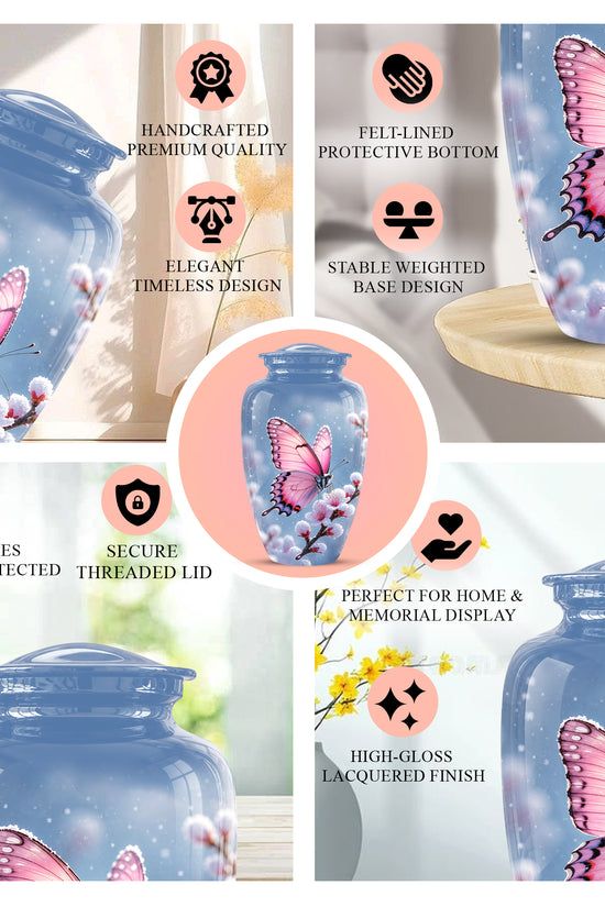 Pink Butterfly Cremation Urn - Cherry Blossom Memorial Keepsake