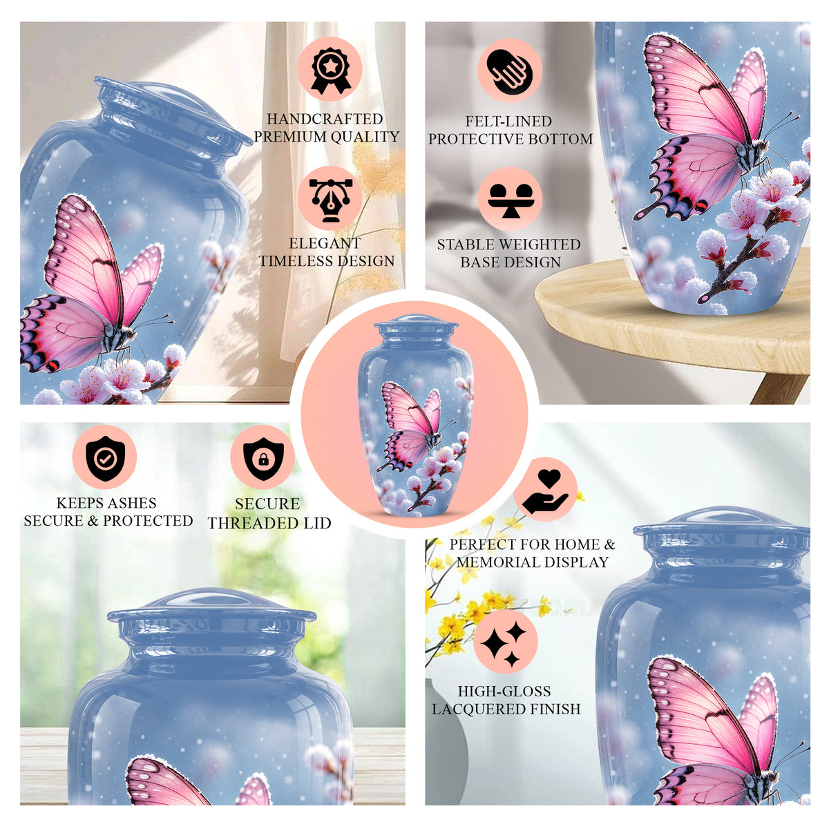 Pink Butterfly Cremation Urn - Cherry Blossom Memorial Keepsake