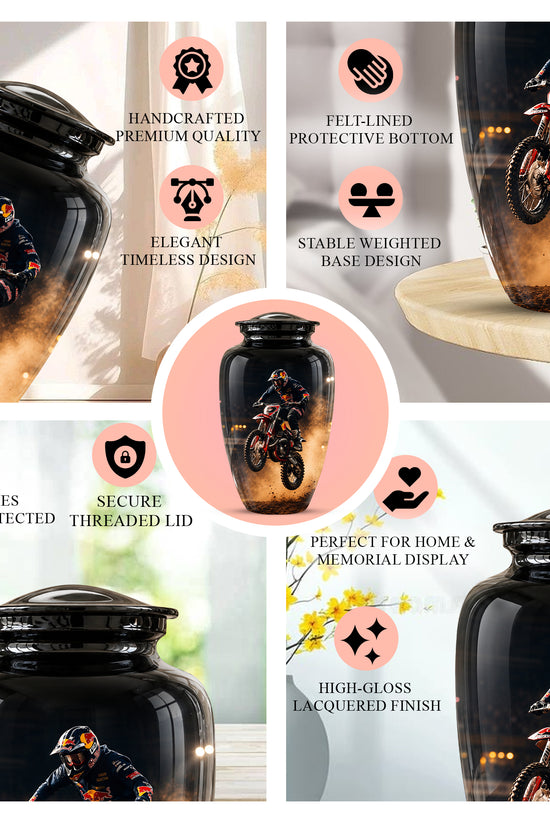 Motocross Rider Memorial Cremation Urn for Human Ashes – Personalized Dirt Bike Tribute Urn