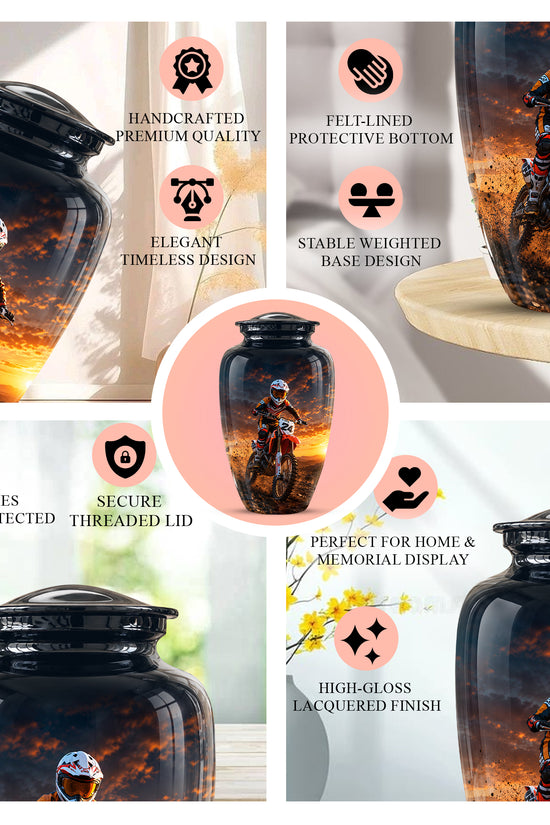 Motocross Sunset Cremation Urn for Human Ashes – Personalized Dirt Bike Memorial Urn