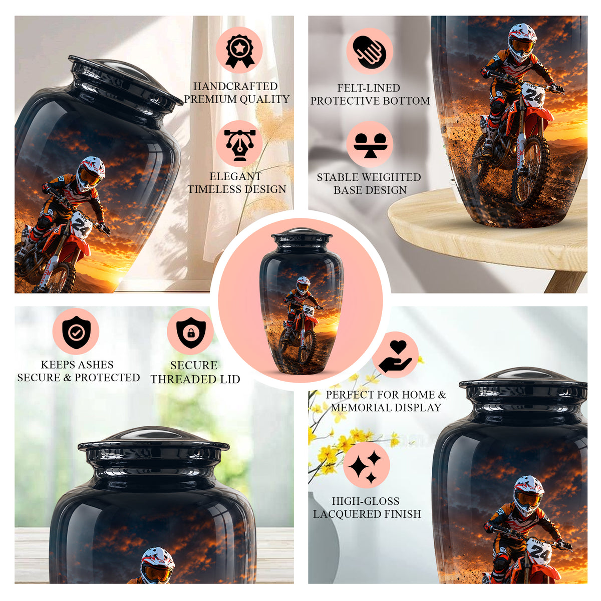 Motocross Sunset Cremation Urn for Human Ashes – Personalized Dirt Bike Memorial Urn