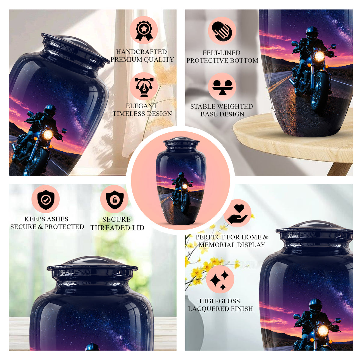 Motorcycle Cremation Urn - Rider Memorial Tribute, Metal Keepsake Urn