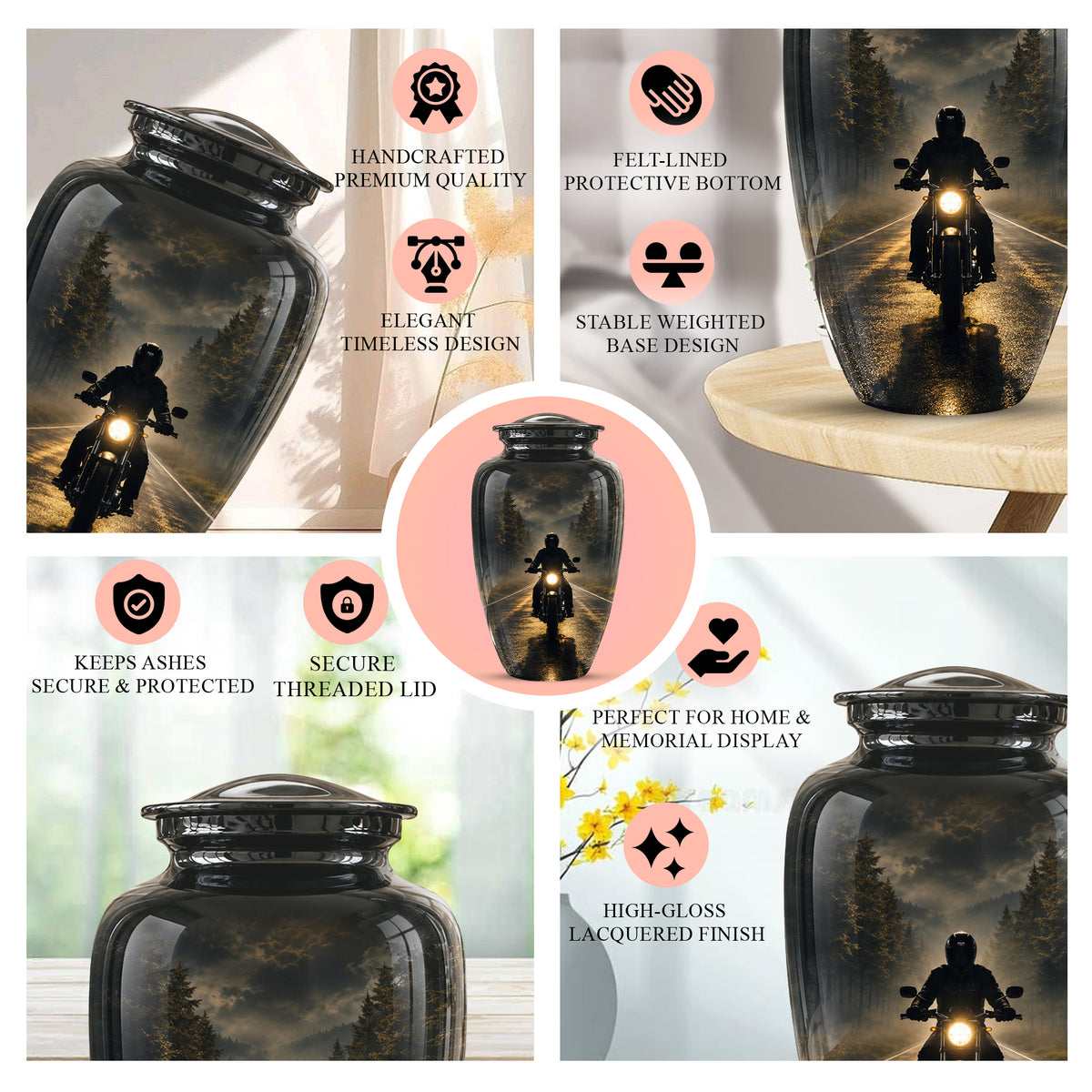 Motorcycle Cremation Urn - Rider on Forest Road Memorial Tribute