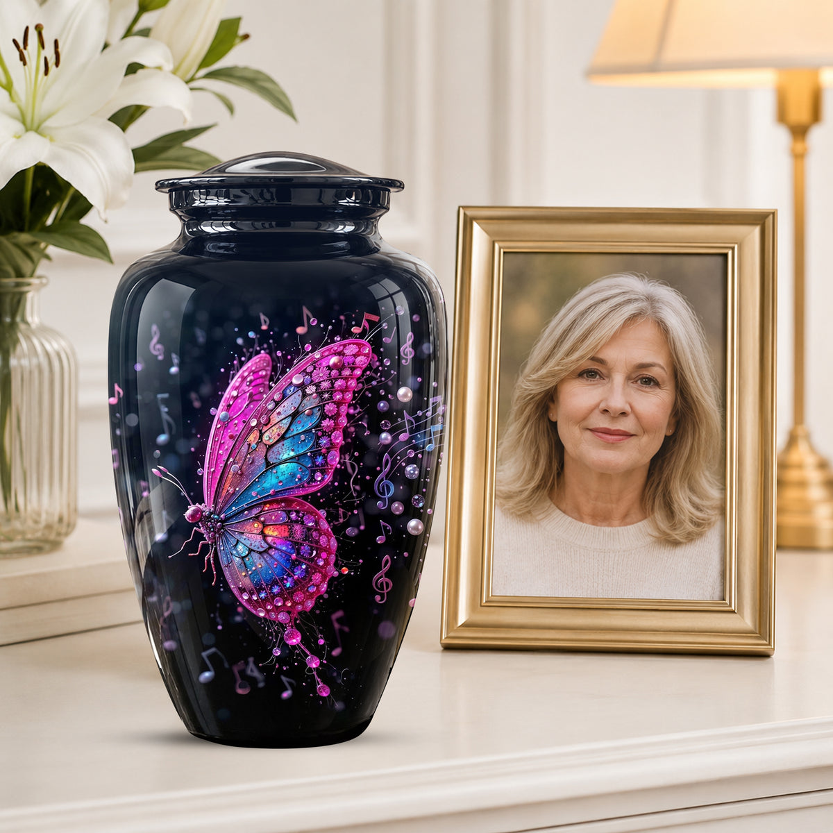 Butterfly Cremation Urn for Ashes - Pink and Blue Music Butterfly Memorial Urn