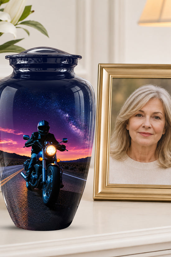 Motorcycle Cremation Urn - Rider Memorial Tribute, Metal Keepsake Urn